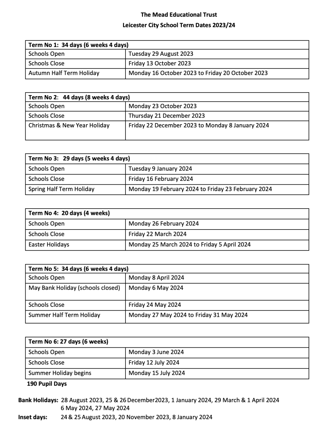 Term Dates – Knighton Mead Primary Academy | TMET Leicester MAT